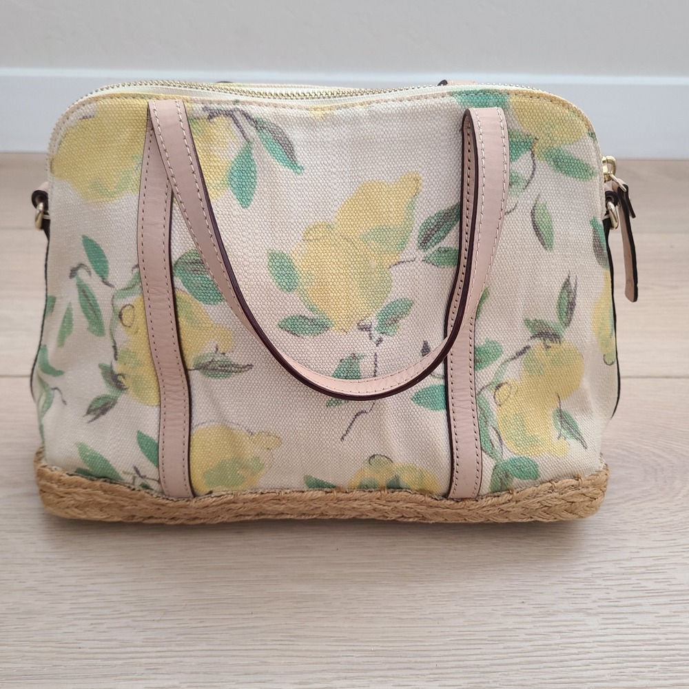 Kate Spade Capri Maise Satchel Cream Yellow Lemon Print Beige Trim Summer Bag - Picture 2 of 12
